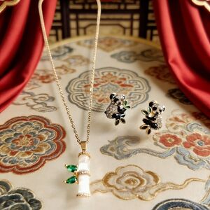 Luxury Panda & Bamboo Jewelry Set Cat's Eye Stone Necklace & Earrings
